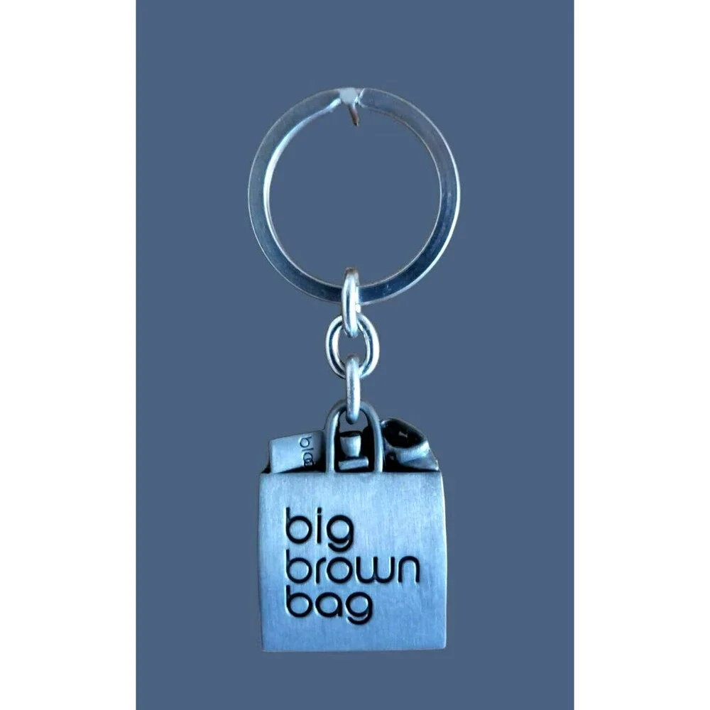 Vintage Bloomindale's Big Brown Bag Pewter KEY RING KEY-CHAIN HOLDER Bloomes NEW